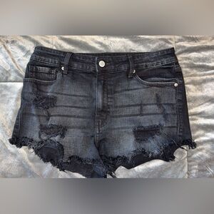 Distressed Black Denim Shorts